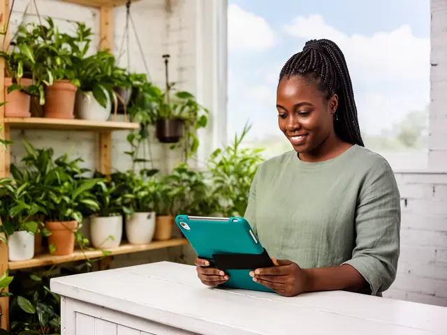 Houseplant shop owner in a sage-green shirt checking a tablet at her white checkout counter